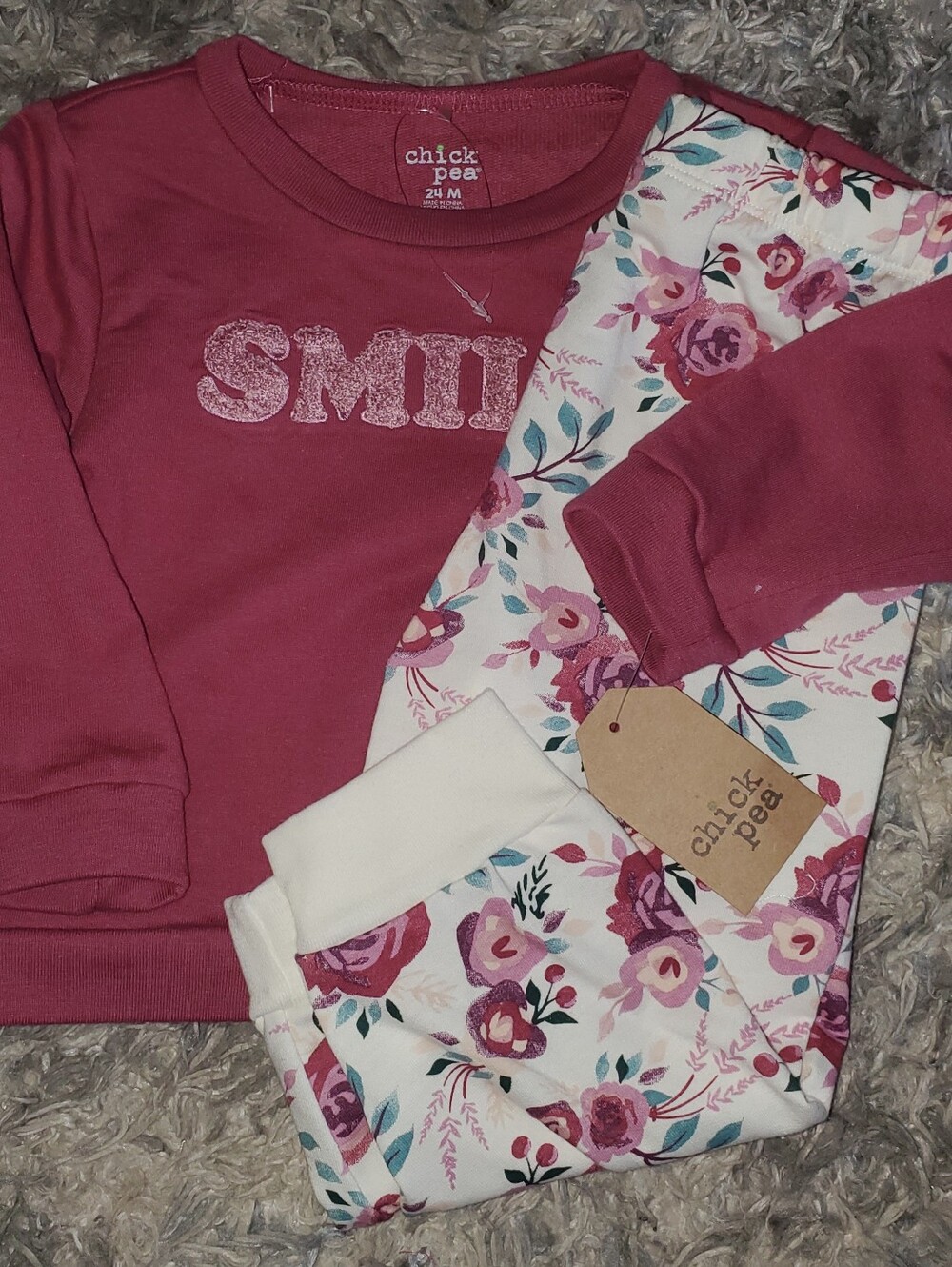24 Month chick pea Rose-Pink 'SMILE' Sweatshirt & Floral Pants Set